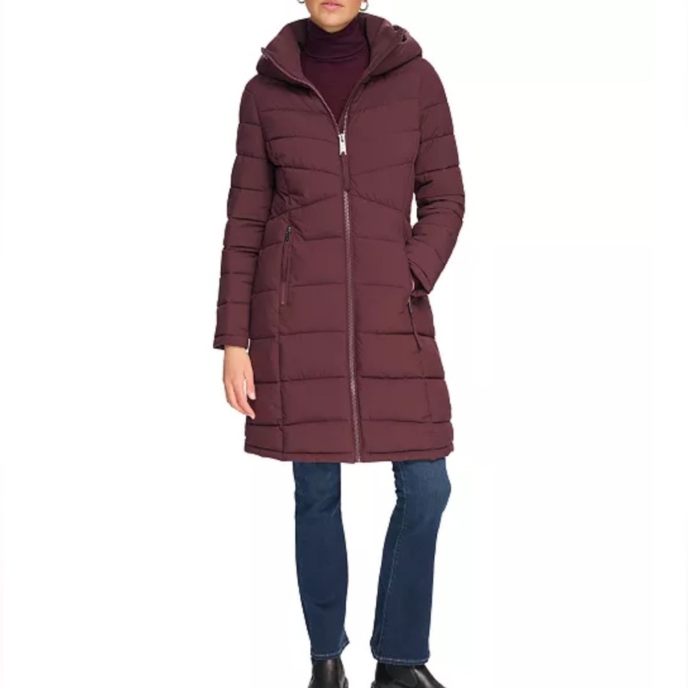 Calvin Klein Women's Maroon Hooded Stretch Puffer Coat S
